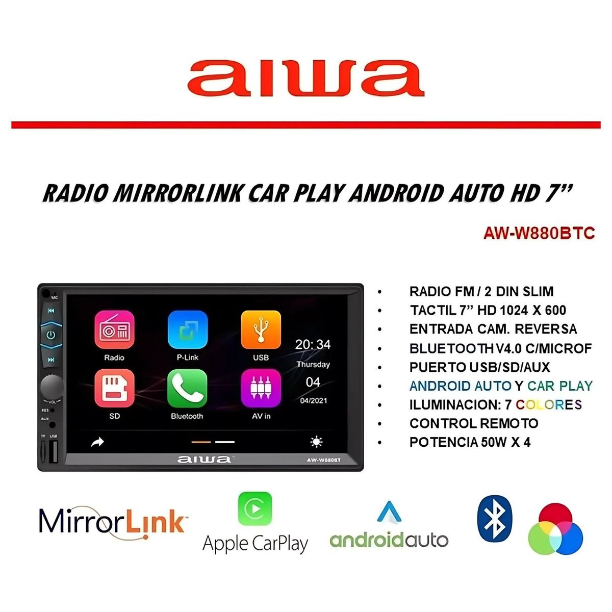 AIWA - Autoradio Bluetooth Mirrorlink Pantalla 7 Pulgadas + Cámara AW-W880BT