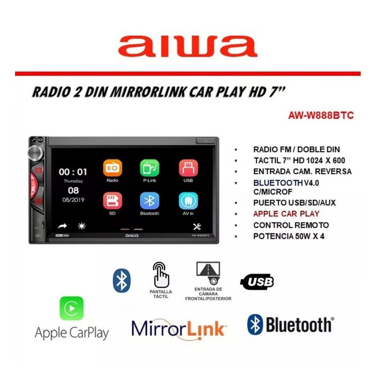 AIWA - Autoradio Aiwa Pantalla HD 7 Bluetooth Mirrorlink AW-W888BTC