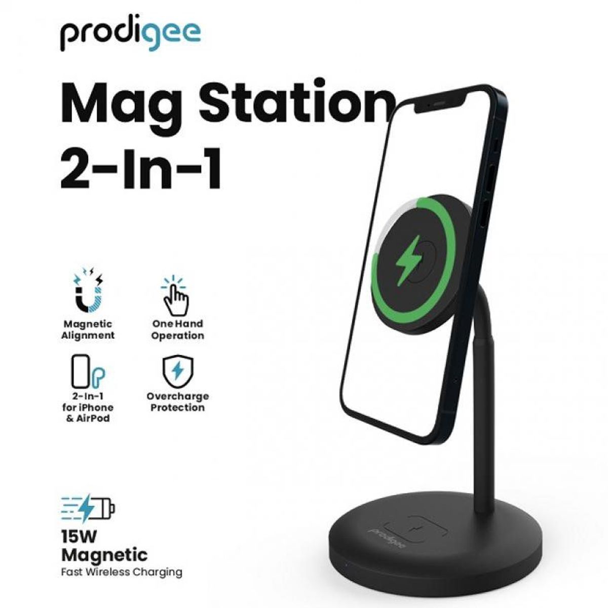 PRODIGEE - Prodigee - estación de carga magnética 15w - 2 en 1 - iphone - negro