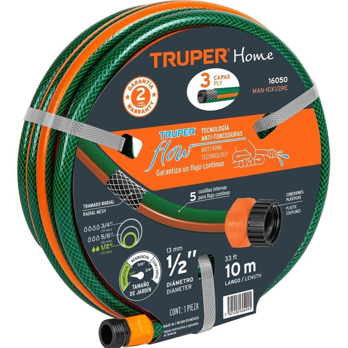 TRUPER - Manguera 1/2" reforzada 3 capas 10 metros Truper