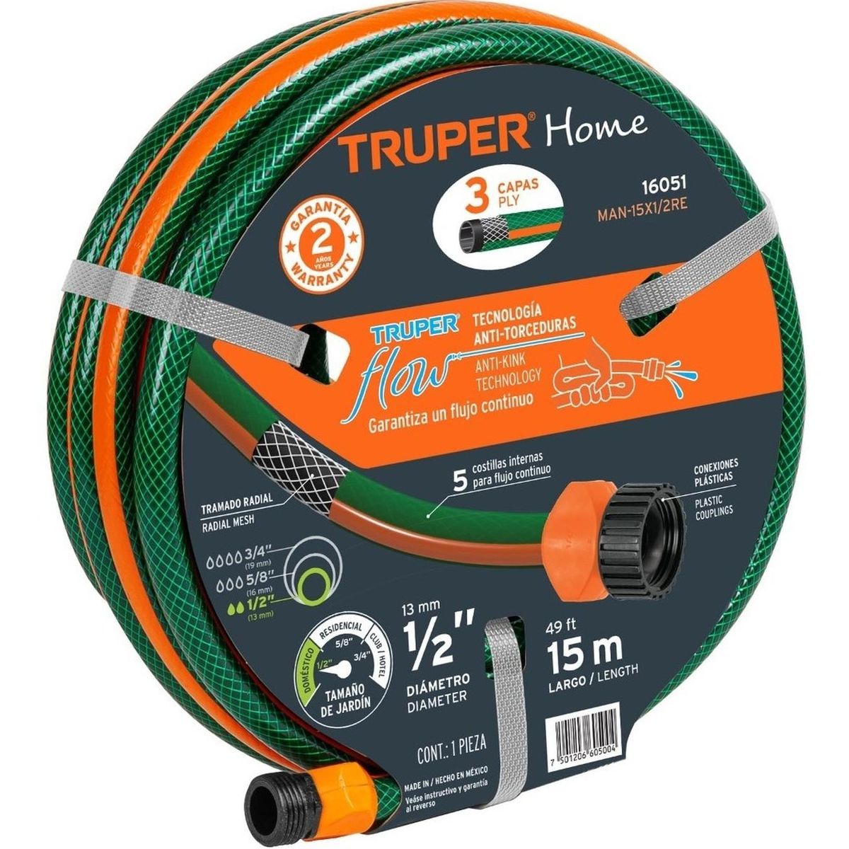 TRUPER - Manguera 1/2" reforzada 3 capas 15 metros Truper