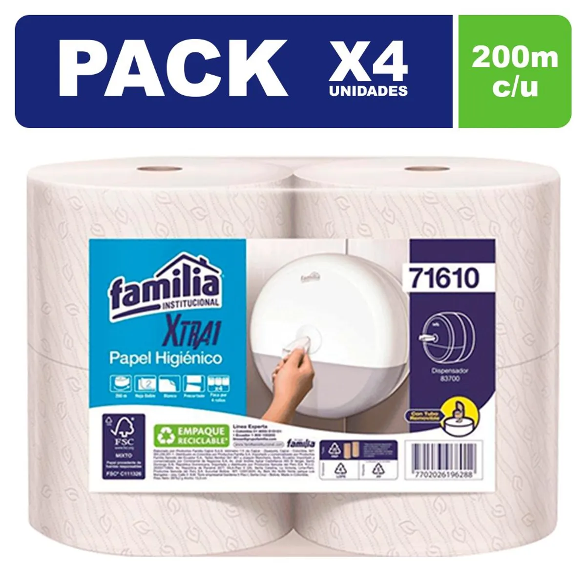 FAMILIA INSTITUCIONAL - Papel Higiénico Blanco Familia Xtra1 Hd 4 rollos 200 metros