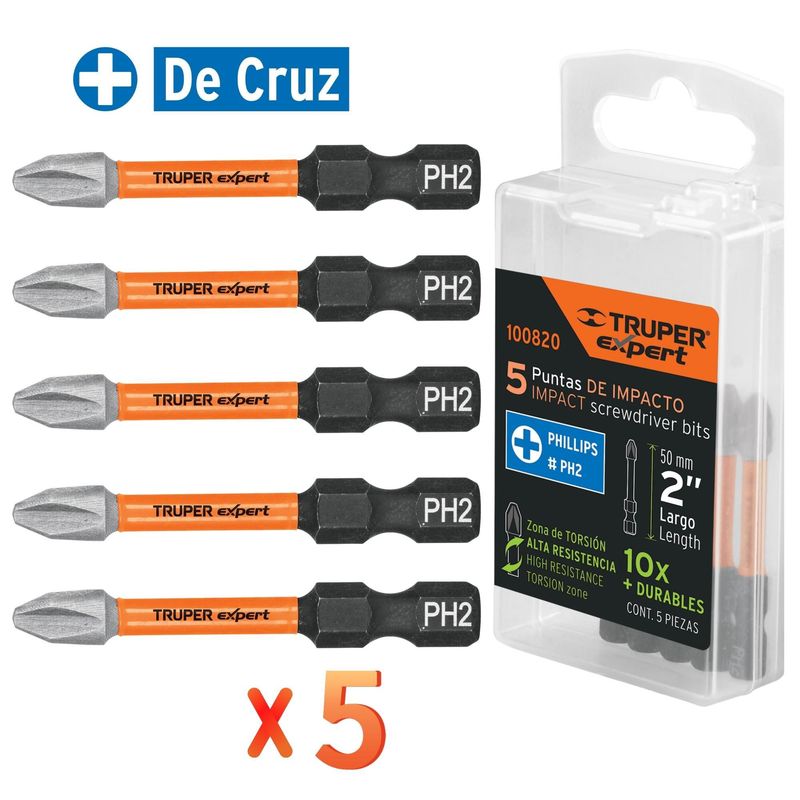 TRUPER - Juego 5 puntas de impacto para taladro atornillador, PhillipsPH2 x 2”,Truper