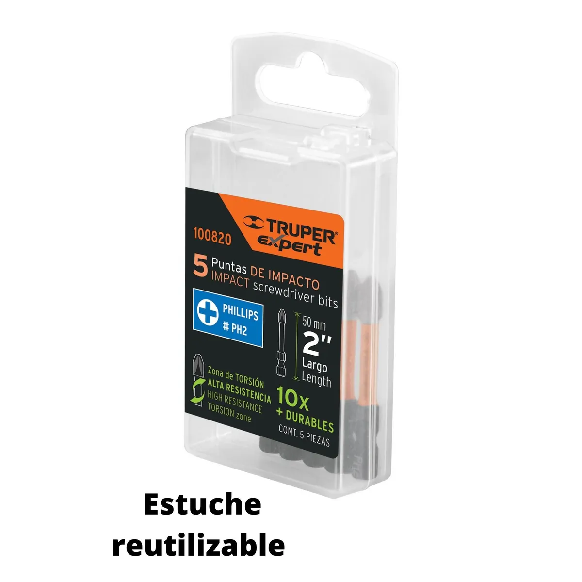 TRUPER - Juego 5 puntas de impacto para taladro atornillador, PhillipsPH2 x 2”,Truper