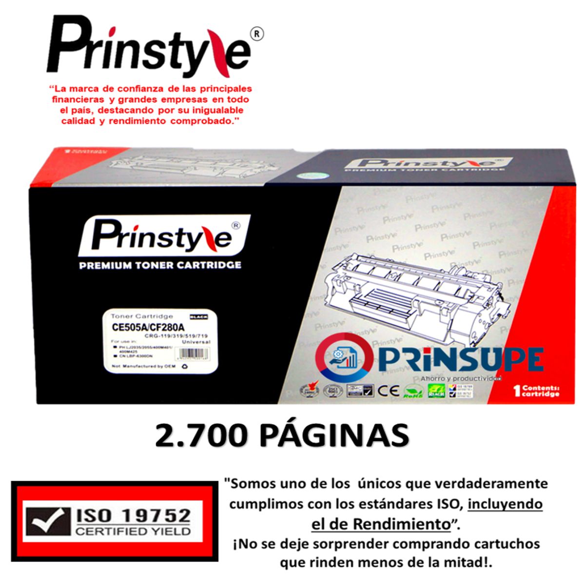 PRINSTYLE - TONER DE 2.700 PÁG. PRINSTYLE 05A  CE505A  -ISO 19752-