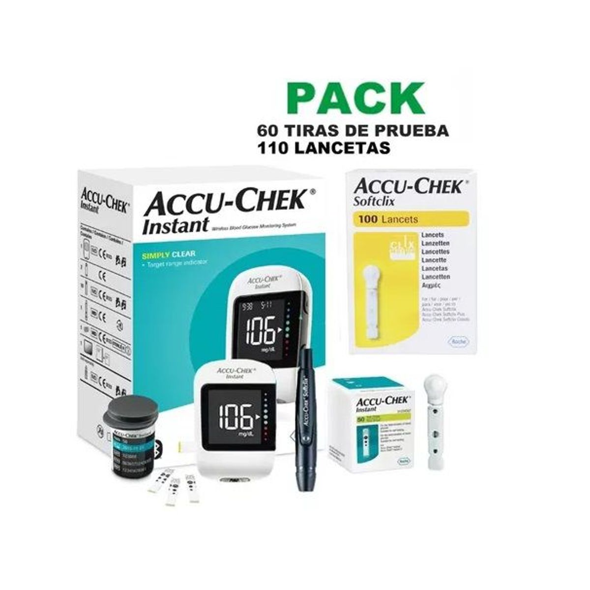 ACCU CHEK - Glucómetro Accu-Chek Instant + 60 Tiras + 110 Lanc.