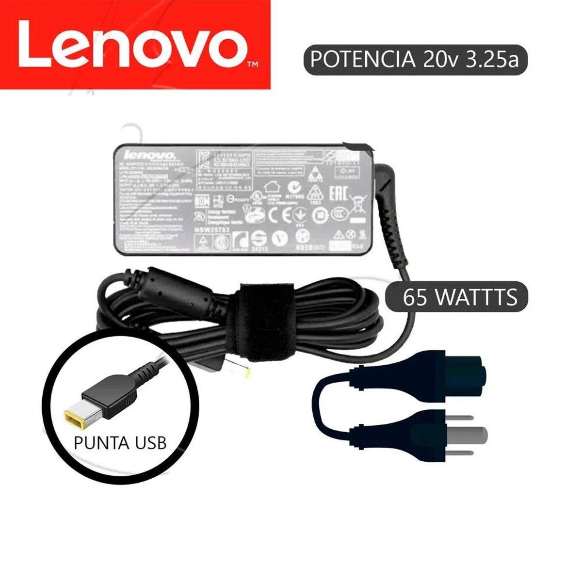 LENOVO - CARGADOR GENERICO LENOVO - 20V 325A TIPO USB AMARILLO 65W