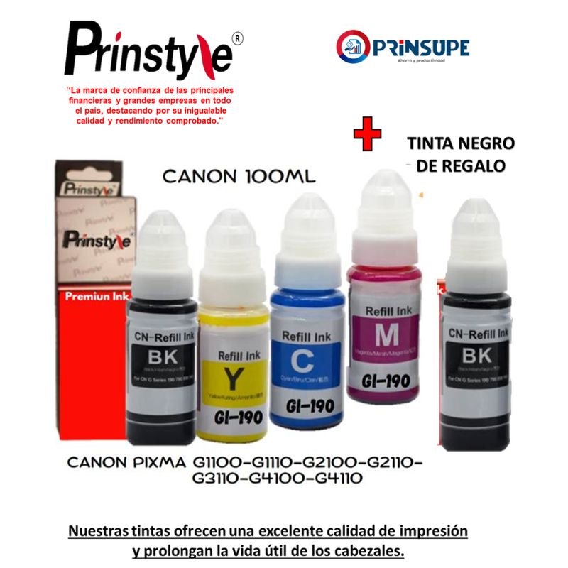 PRINSTYLE - PACK DE TINTAS COMPATIBLES GI190 CANON  100ML + 1 TINTA NEGRA REGALO