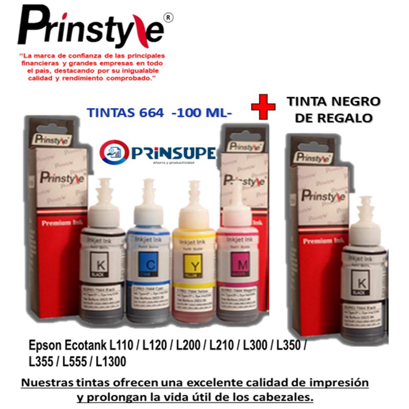 PRINSTYLE - PACK TINTAS PRINSTYLE COMPATIBLE EPSON 664 100ML  + 1 TINTA DE REGALO