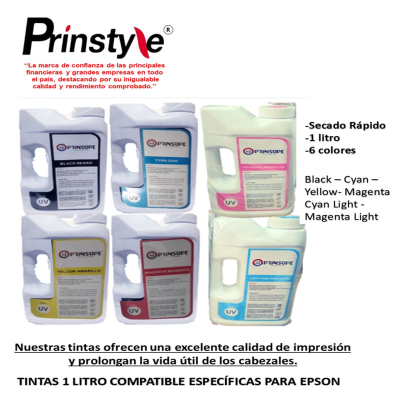 PRINSTYLE - TINTA 1 LITRO 06 COLORES EPSON COMPATIBLE CALIDAD ULTRA UV