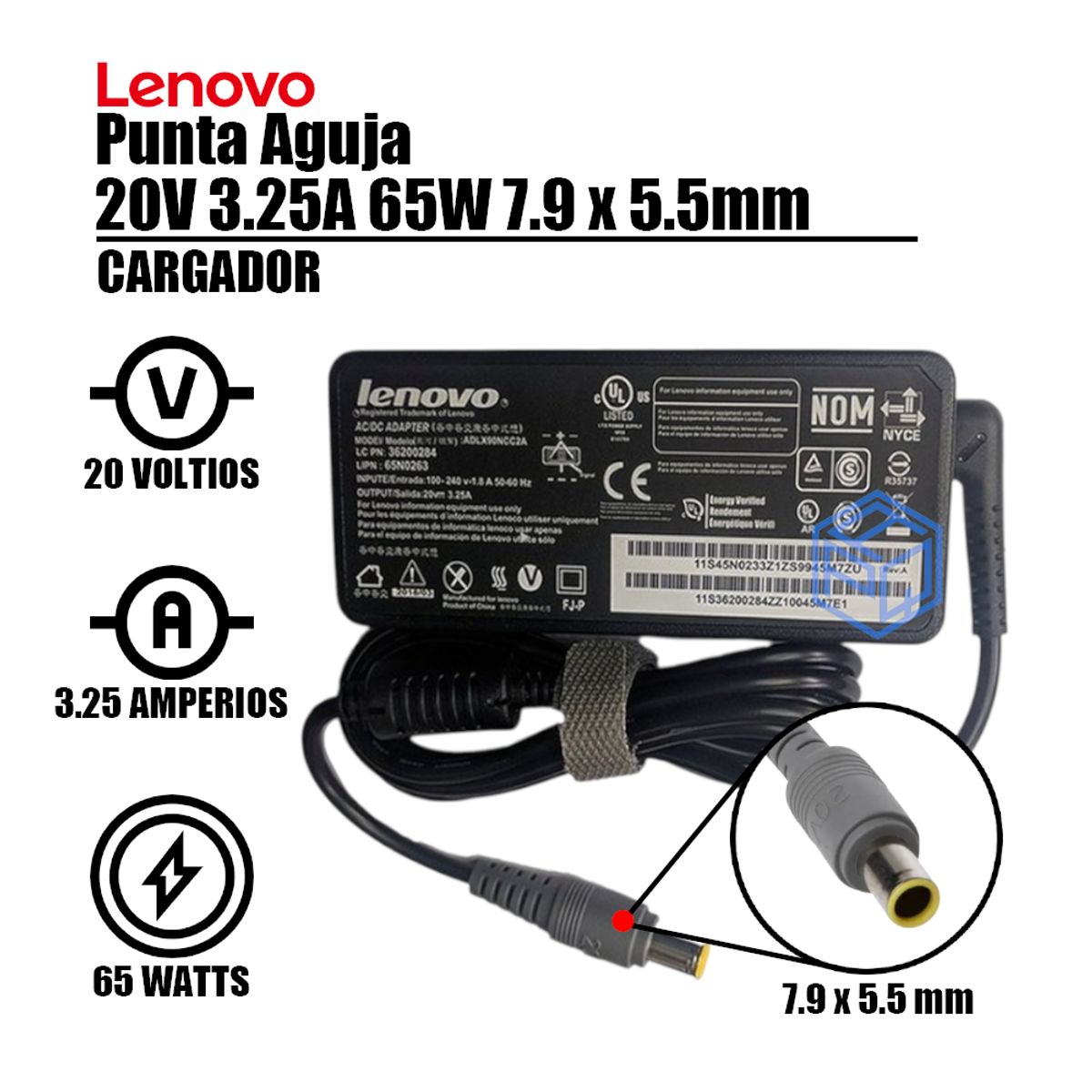 LENOVO - CARGADOR COMPATIBLE LENOVO 20v 325A - PUNTA AGUJA 65W