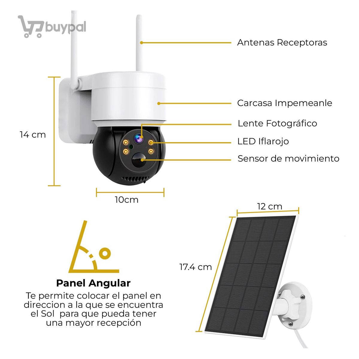 BUYPAL - Camara IP Solar Recargable Impermeable Wifi Full HD Exterior