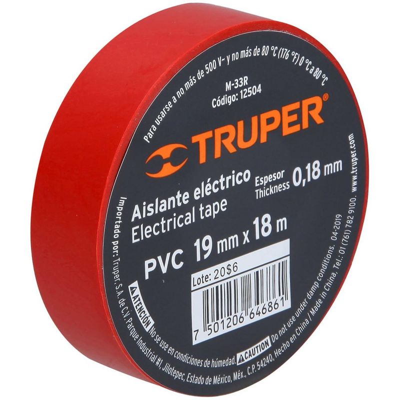TRUPER - Cinta aislante rojo 19 mm x 18 m truper 12504