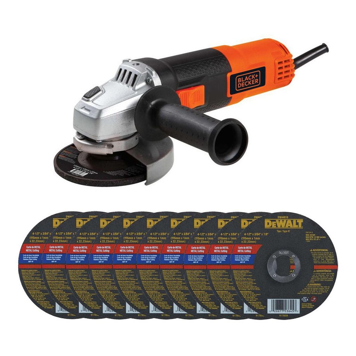 BLACK+DECKER - Amoladora Angular 4 1/2" 820W + 10 Discos Black + Decker G720-K1.