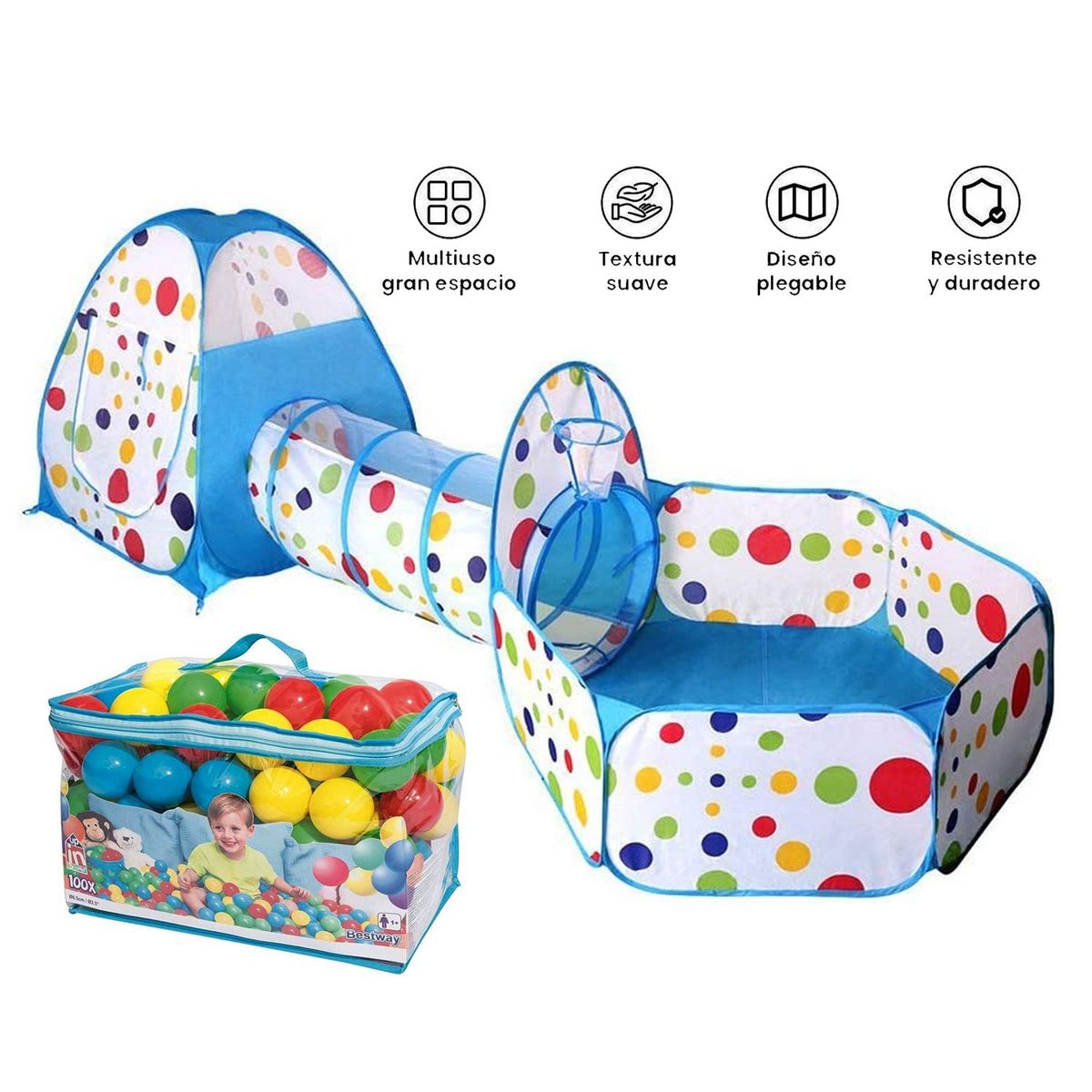 GENERICO - Piscina de pelotas túnel niños portátil 3 en 1+100 Pelotas
