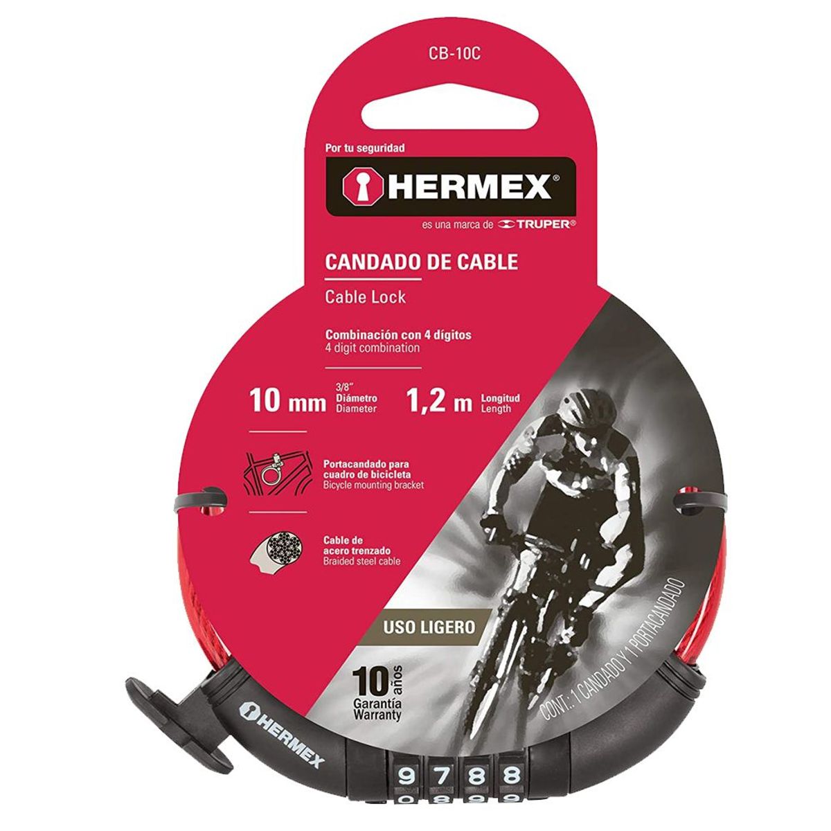 HERMEX - Cadena Bicicleta Candado de Clave Combinación Hermex CB-10C