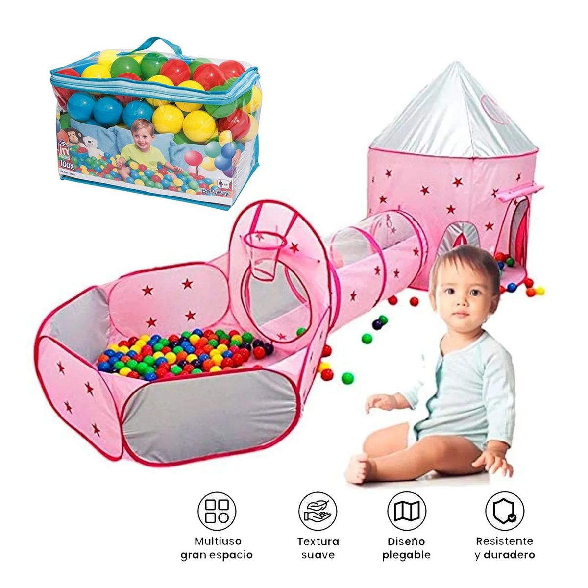 GENERICO - Castillo Mágico con Túnel y Piscina 3 En 1 +100 Pelotas