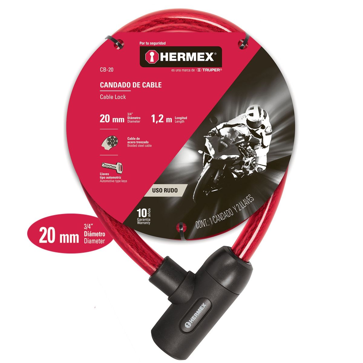 HERMEX - Cadena Bicicleta Seguridad Candado con Llave Hermex CB-20