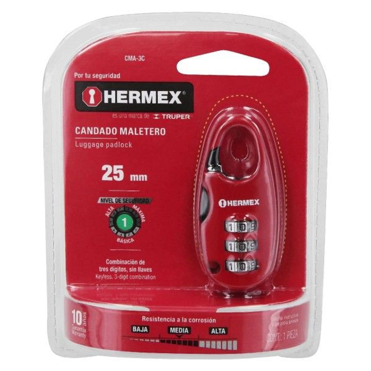 HERMEX - Candado Maleta Mochila de combinación Clave 25 mm CMA-3C