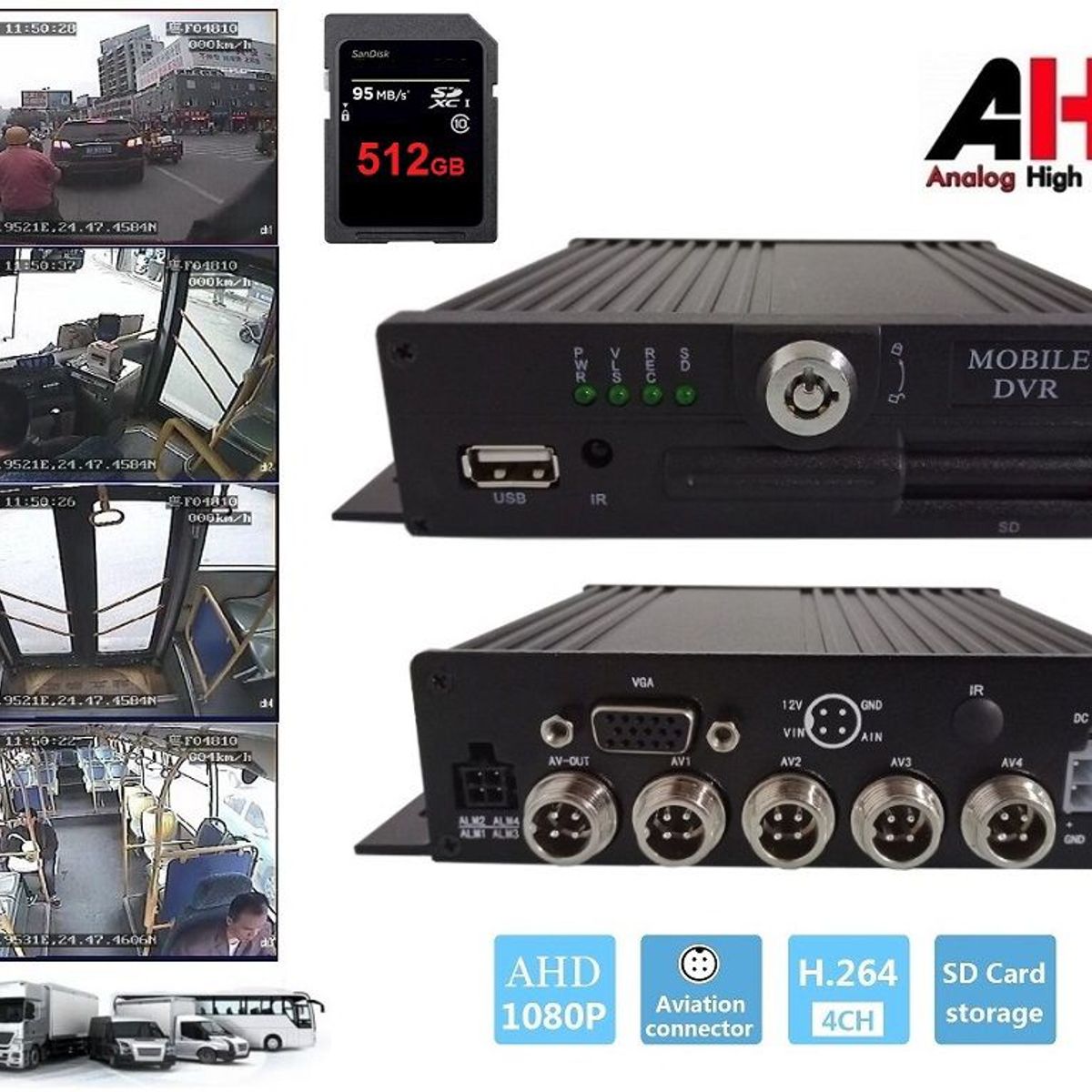 GENERICO - Mdvr Móvil Grabador Vehicular Sd 512gb Vga 4 CH