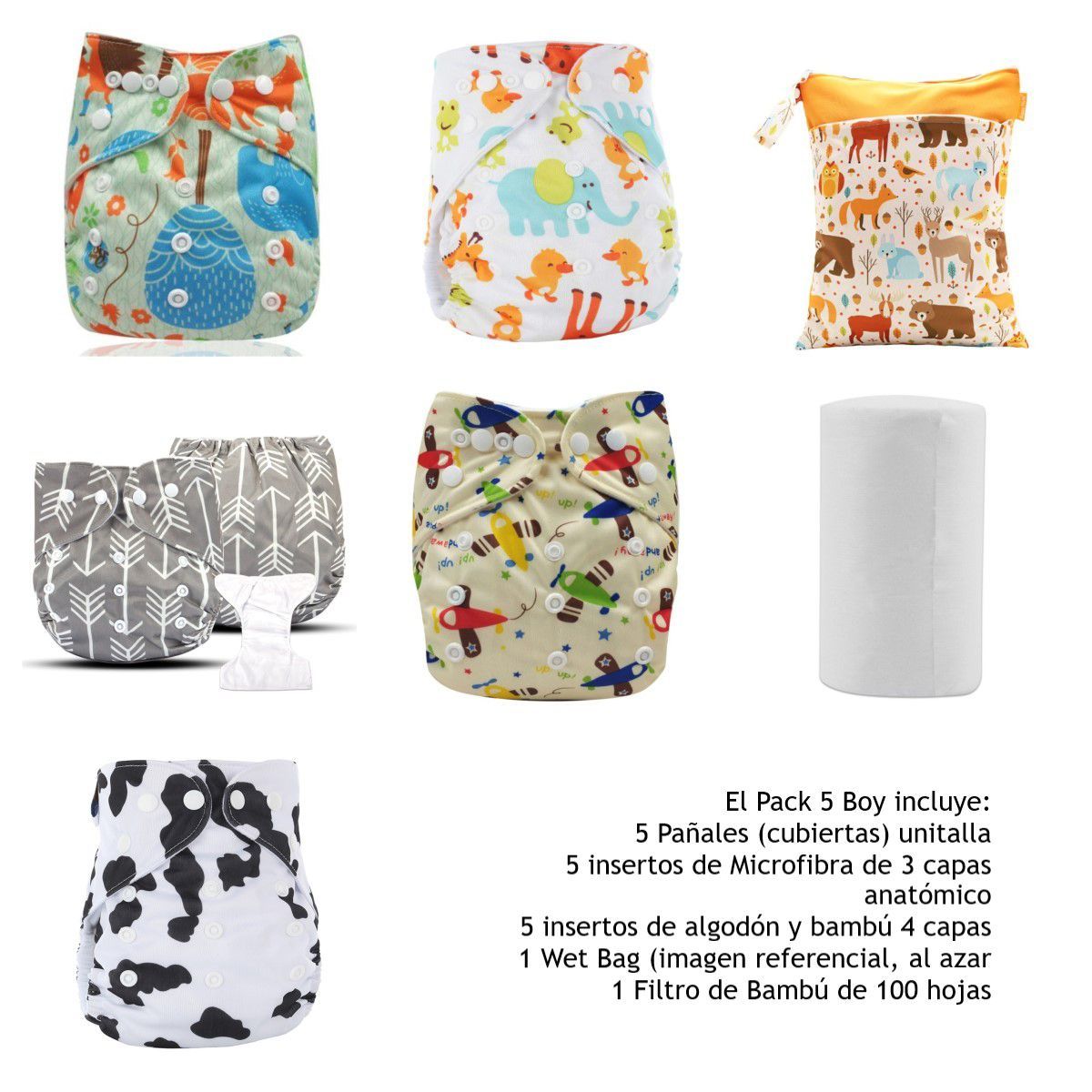 EKOALITAS - Pack 5 - Pañales Ecológicos Barrera Simple - Boy (10 Insert)