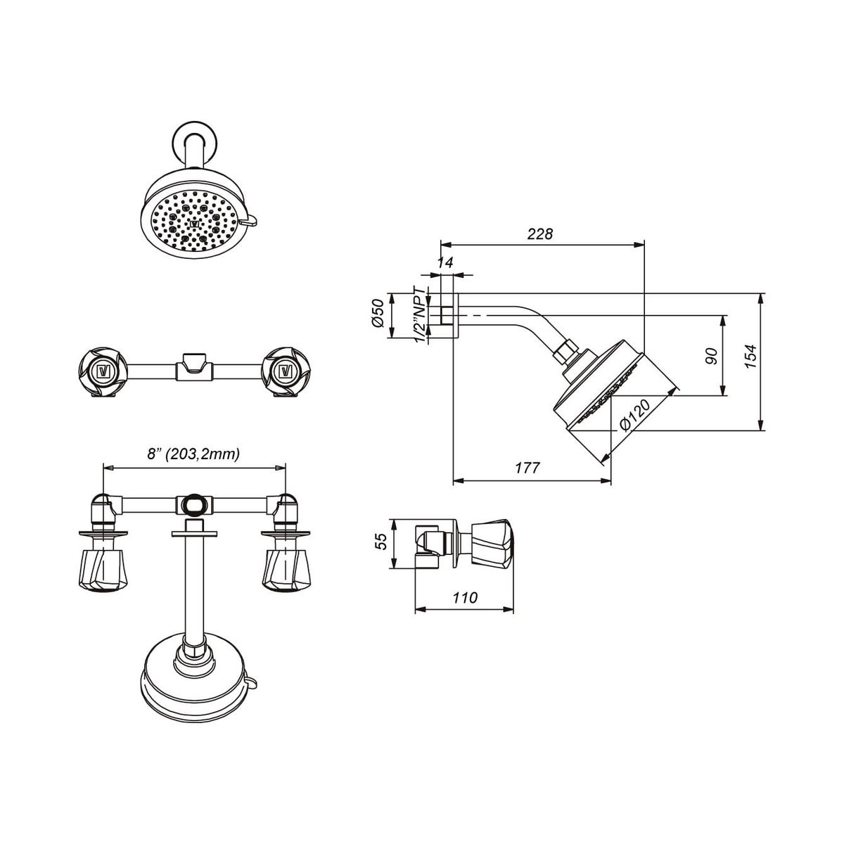 VAINSA - Mezcladora para ducha cristal con salida española hecho en bronce Vainsa