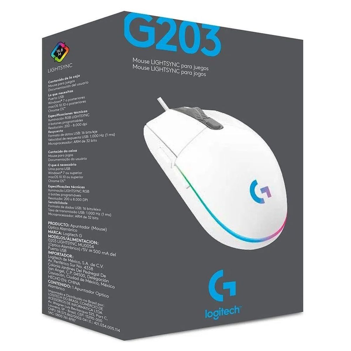 LOGITECH - Mouse Gamer Logitech G203 RGB Lightsync 6 botones Blanco