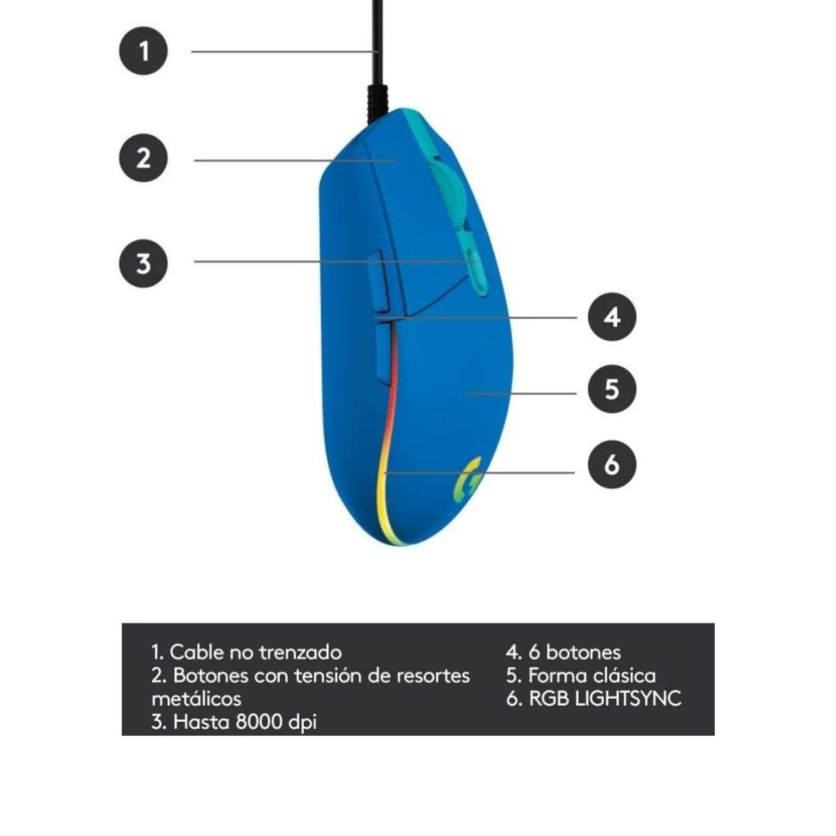 LOGITECH - Mouse Gamer Logitech G203 RGB Lightsync 6 botones Azul