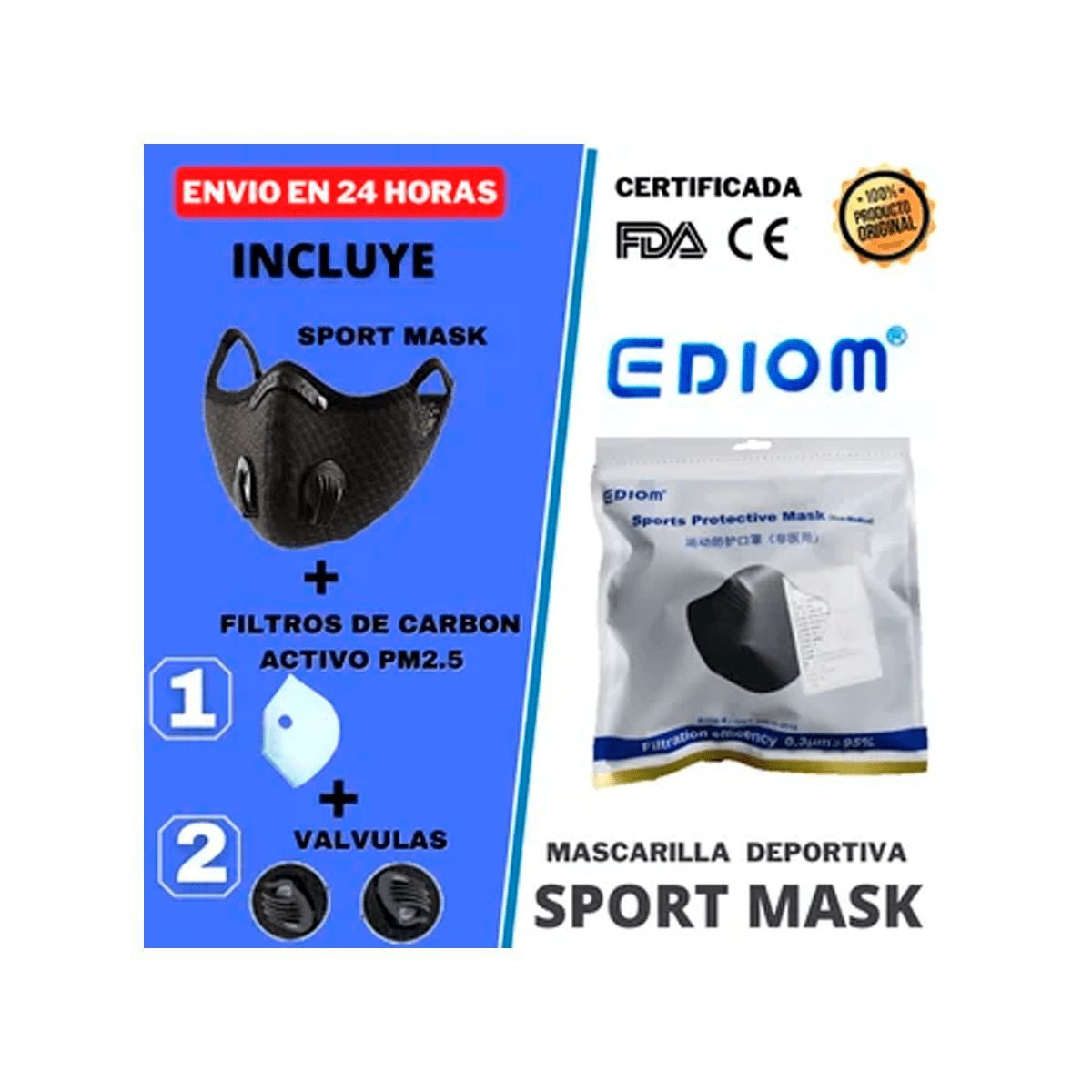 GENERICO - Mascarilla Deportiva KN95 + Filtro de Carbón PM2.5 + 2 Válvulas Negro