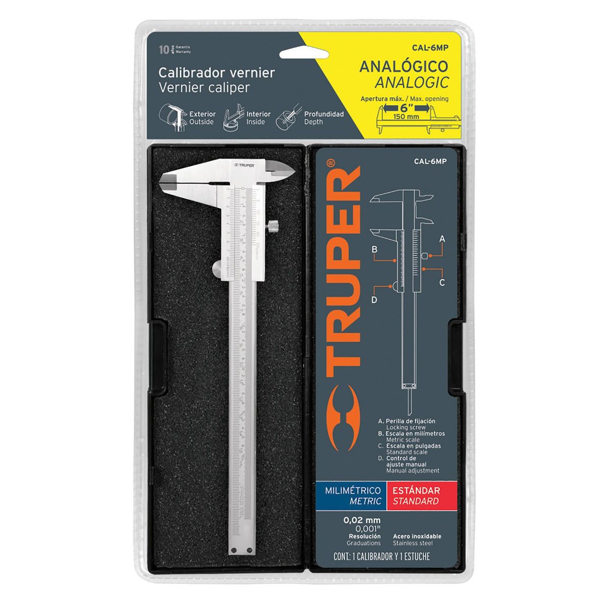 TRUPER - Calibrador vernier analógico 6 acero inoxidable STD y mm Truper