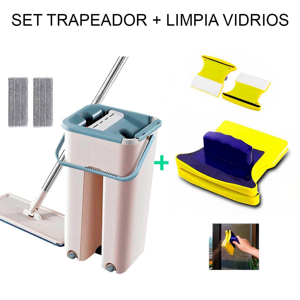 GENERICO - Set de Trapeador Mopa Plano  Limpia Vidrios Magnético
