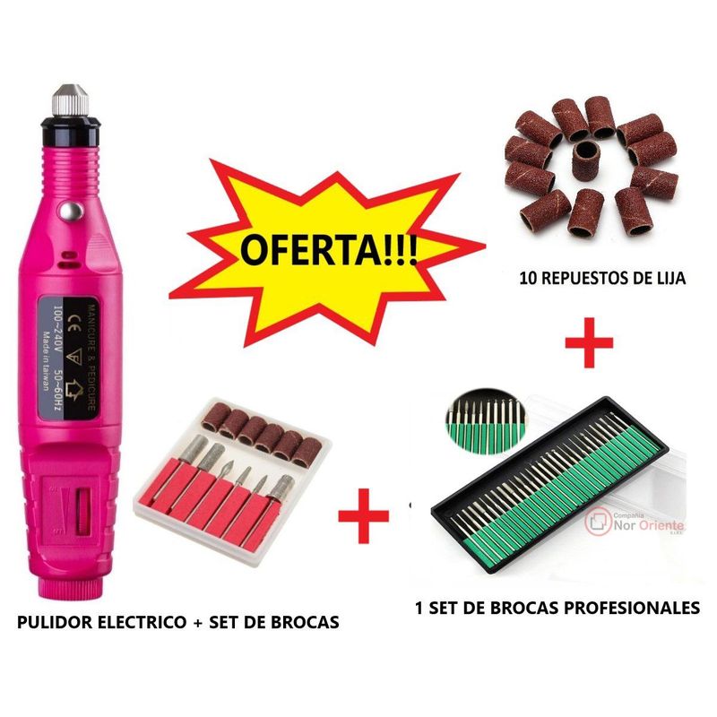 GENERICO - Pulidor De Uñas Eléctrico + 10 Repuestos Lija + Set de Brocas