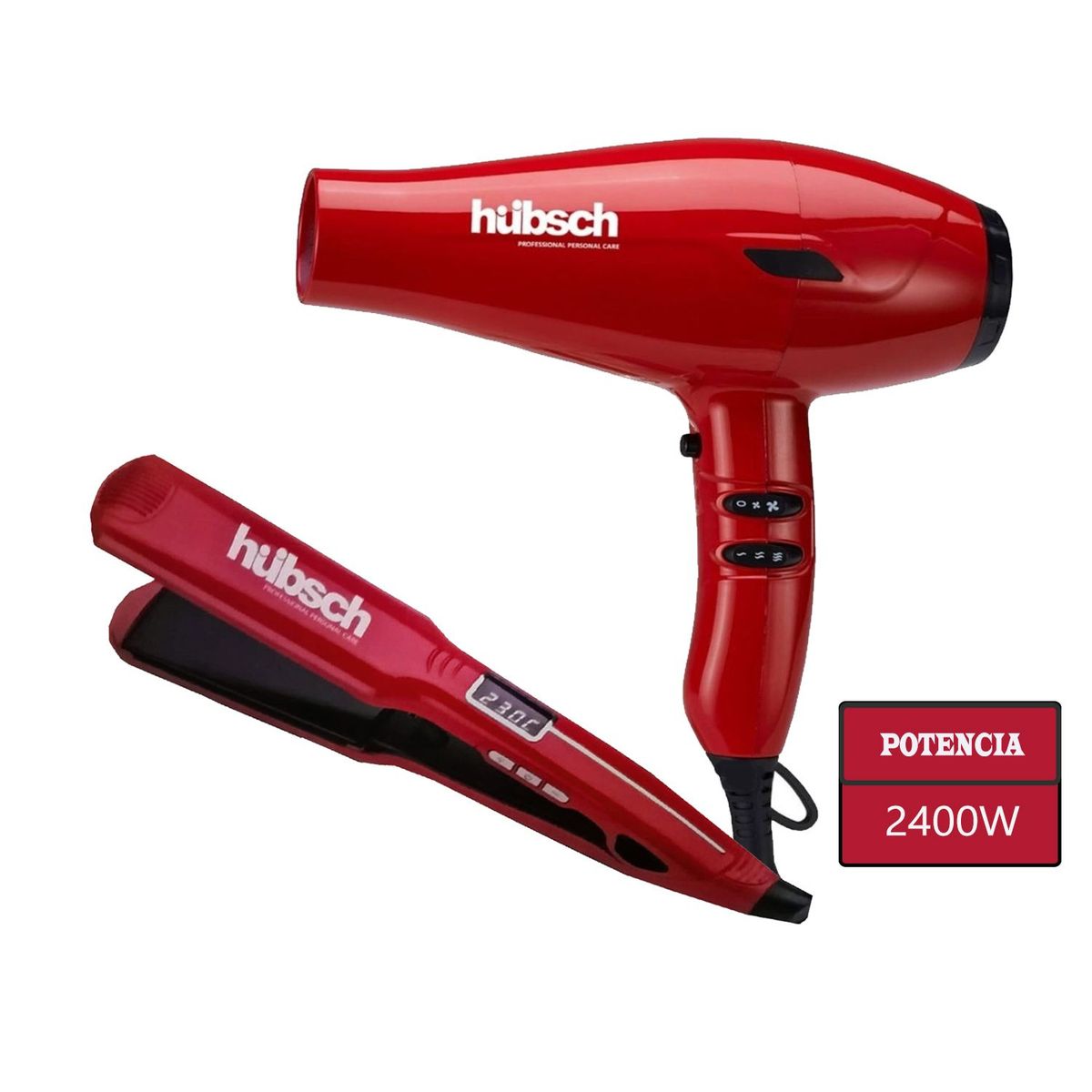 HUBSCH - Combo Secador de Cabello  Alisador Hubsch AC 2400W -Rojo