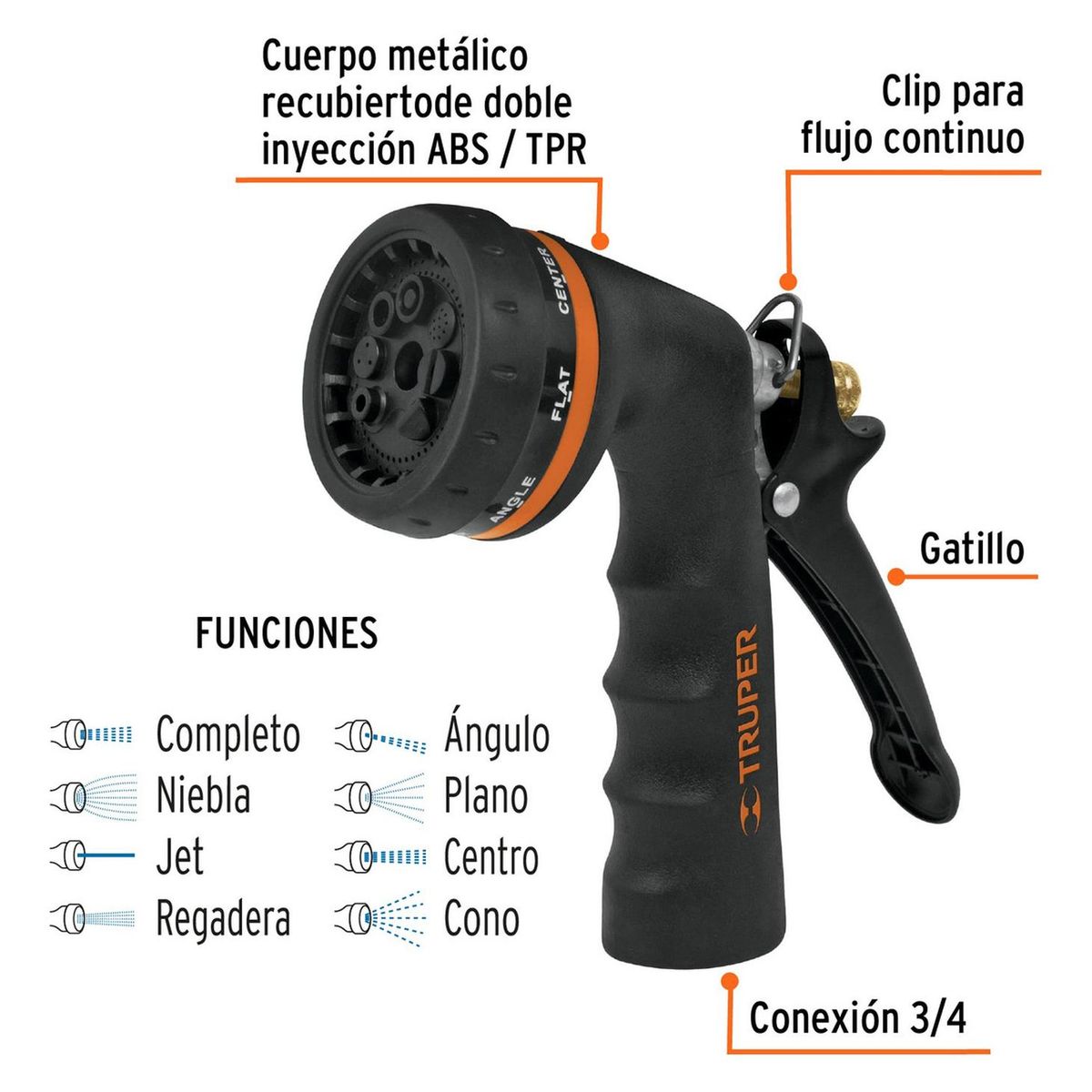 TRUPER - Pistola para riego de 8 funciones metálica con recubrimiento Truper