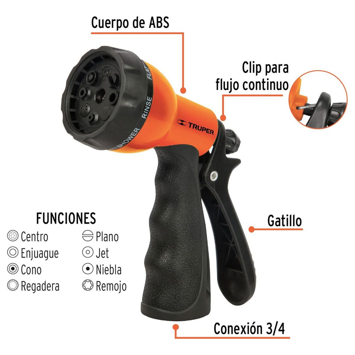 TRUPER - Pistola para riego 8 funciones plástica con recubrimiento Truper 18482