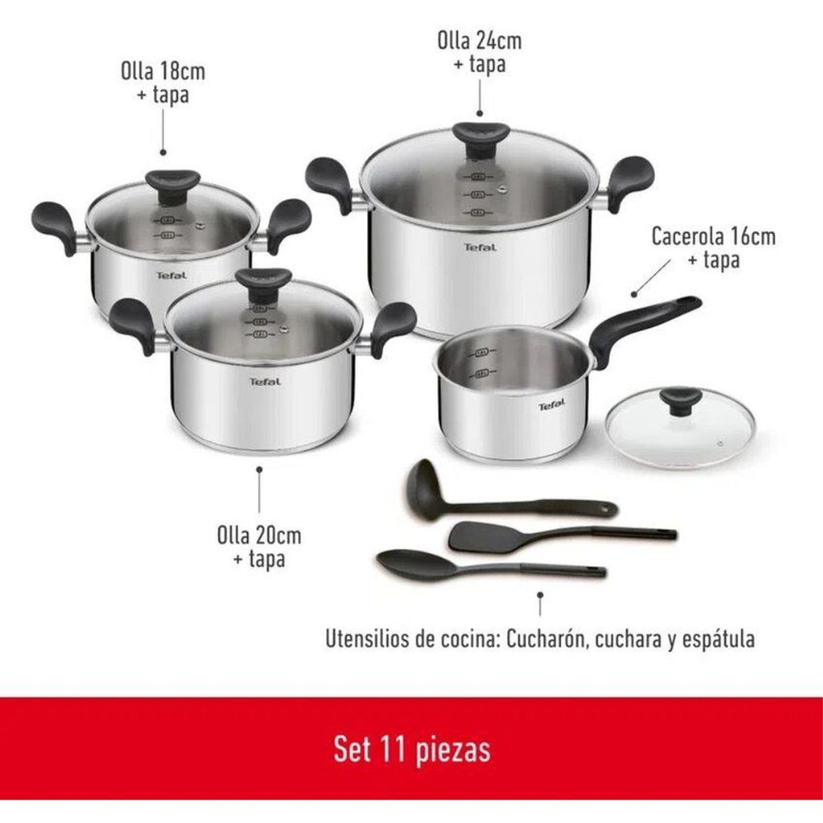 TEFAL - Juego de Ollas Acero Inoxidable T-Fal Primary 11 Piezas