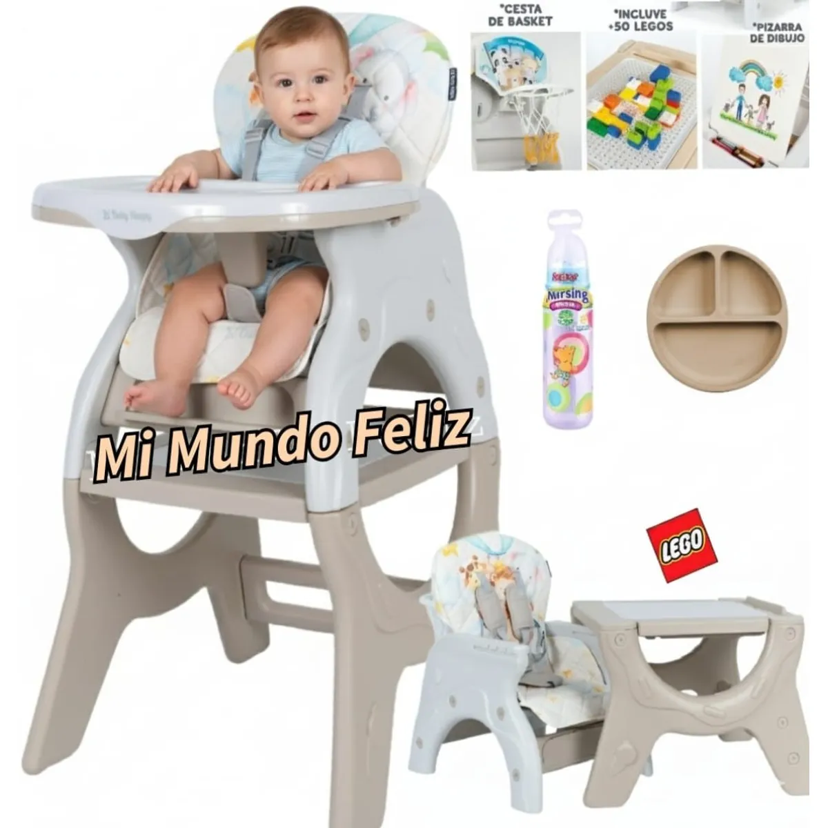 BABY HAPPY - Silla de Comer para Bebe Carpeta Beige Plato Lego Biberon