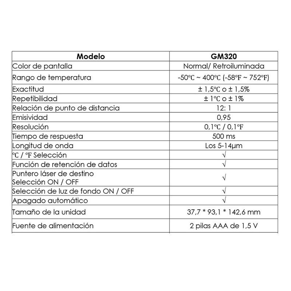 BENETECH - Pirómetro Termómetro Industrial Infrarrojo Láser - BENETECH GM320