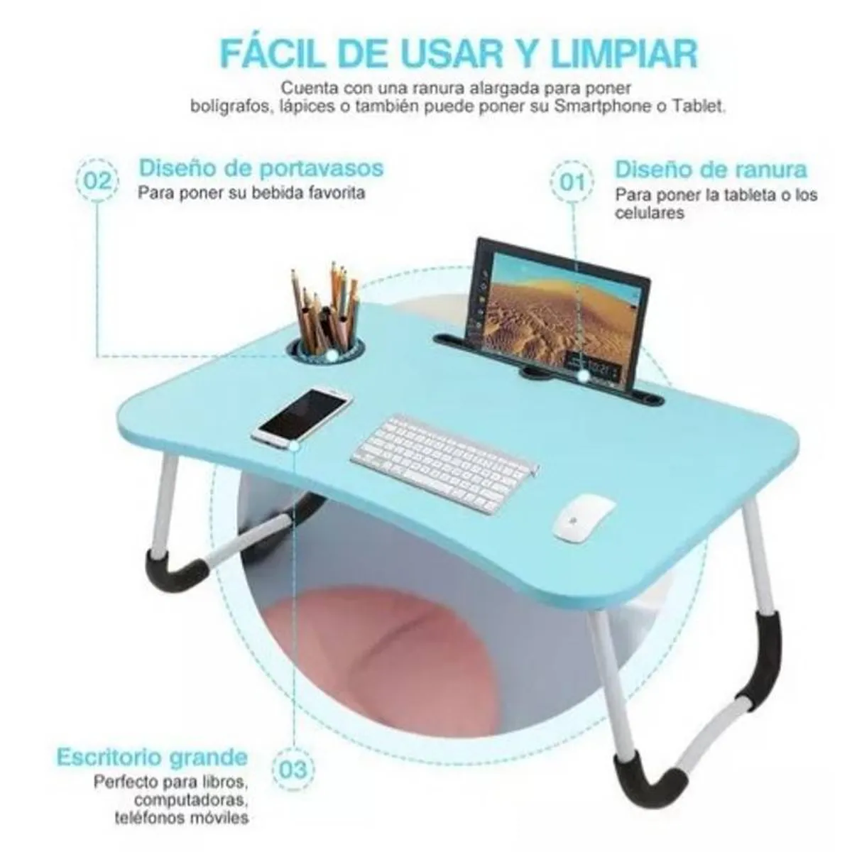 GENERICO - Mesa plegable portátil para Laptop con Ranura y Posavasos Celeste