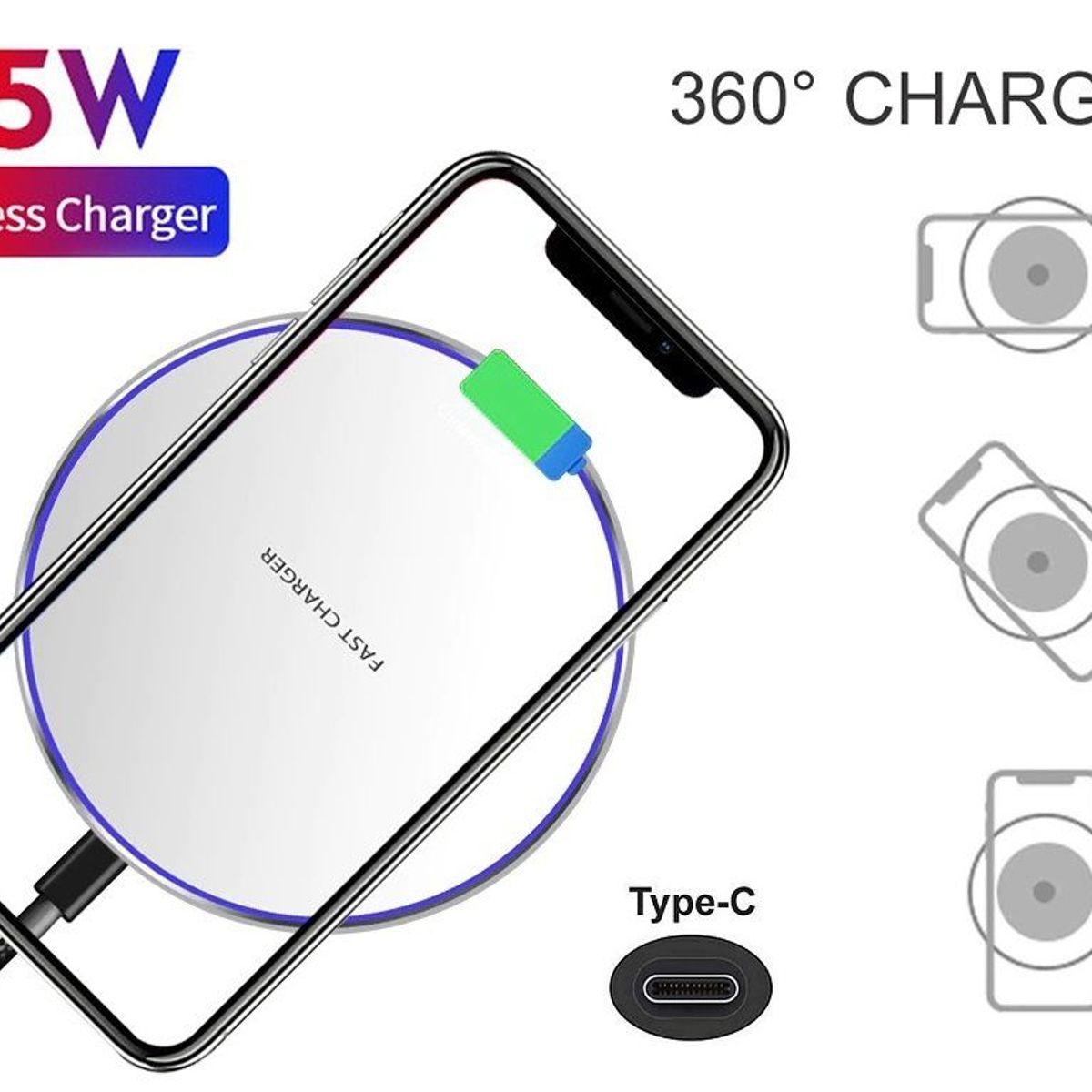 GENERICO - Cargador Inalámbrico Qi 15w Carga Rápida Tipo C Fast Charge