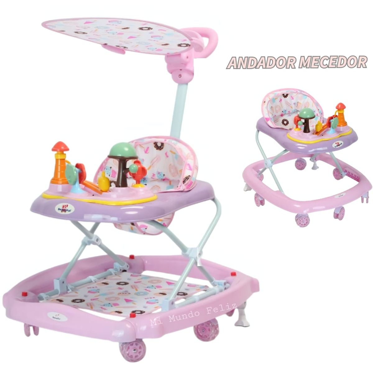 BABY HAPPY - Andador para Bebe 2 en 1  Mecedor con Guiador Sombrilla PINK