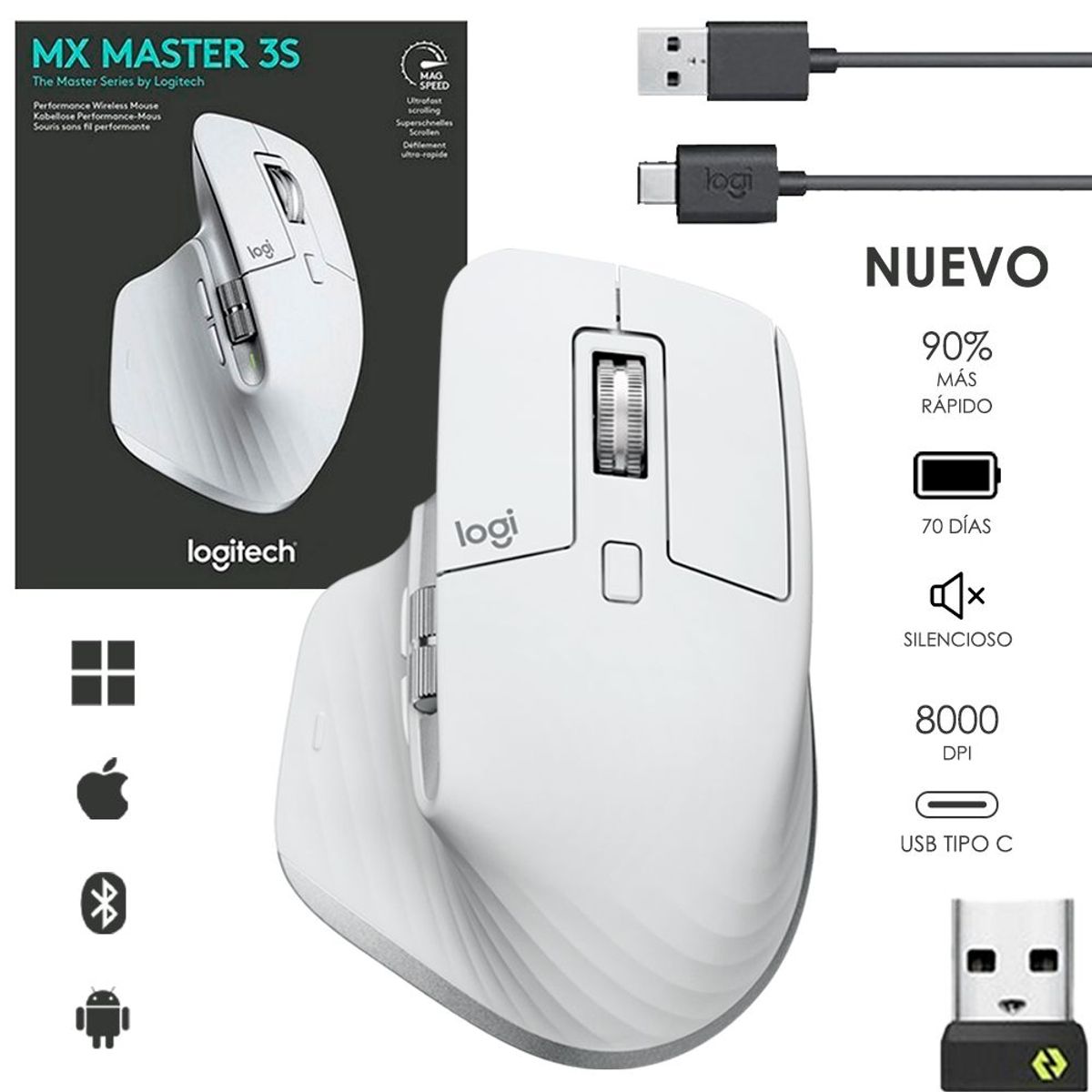 LOGITECH - Mouse Mx Master 3S Multidispositivo Wireless Bluetooth MacWin - Blanco