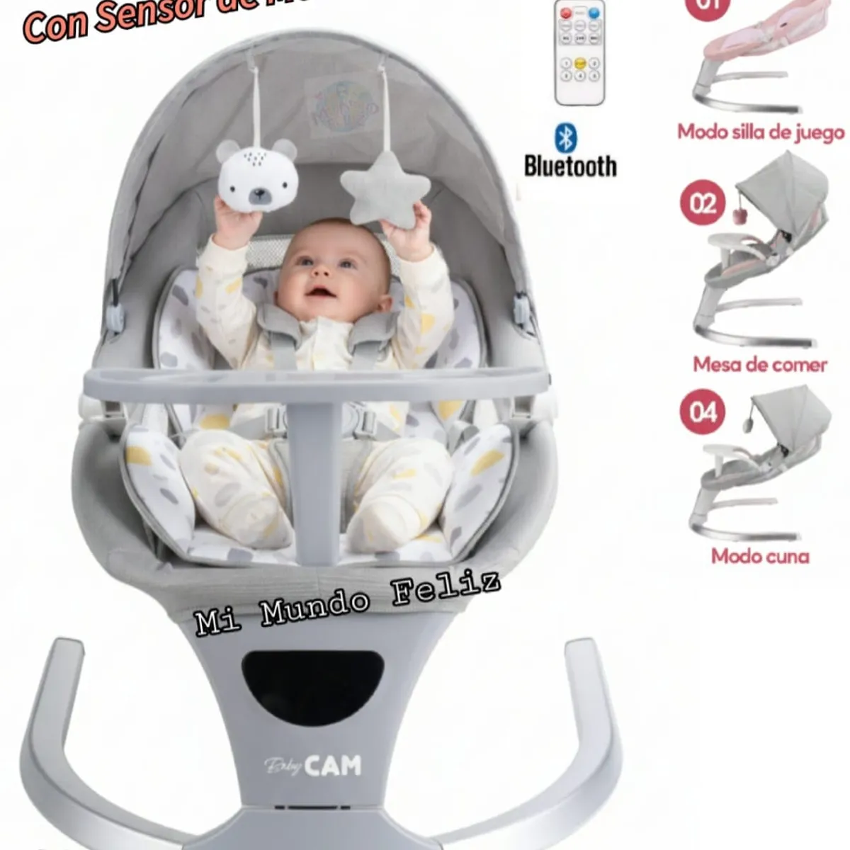BABY CAM - Mecedora para Bebe Musical Automatica Sensor Gris 2026