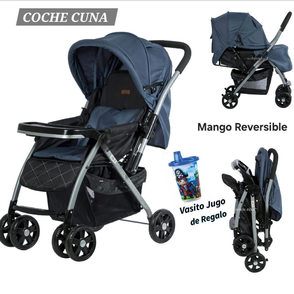 BHAPPY - Coche para Bebe con  Mango Reversible Blue