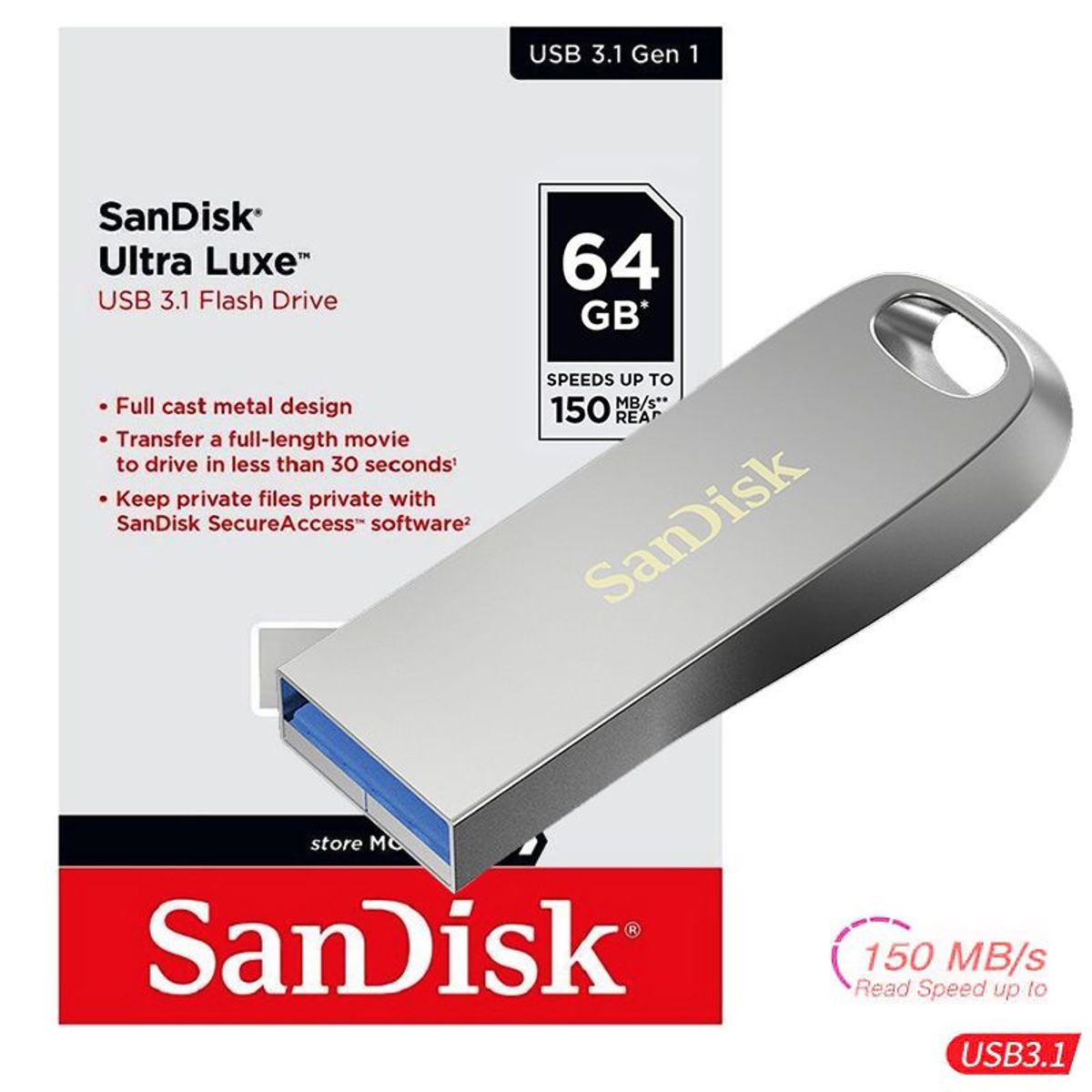 SANDISK - Sandisk Memoria USB 3.1 64GB Ultra Luxe Speed 150 Mbps