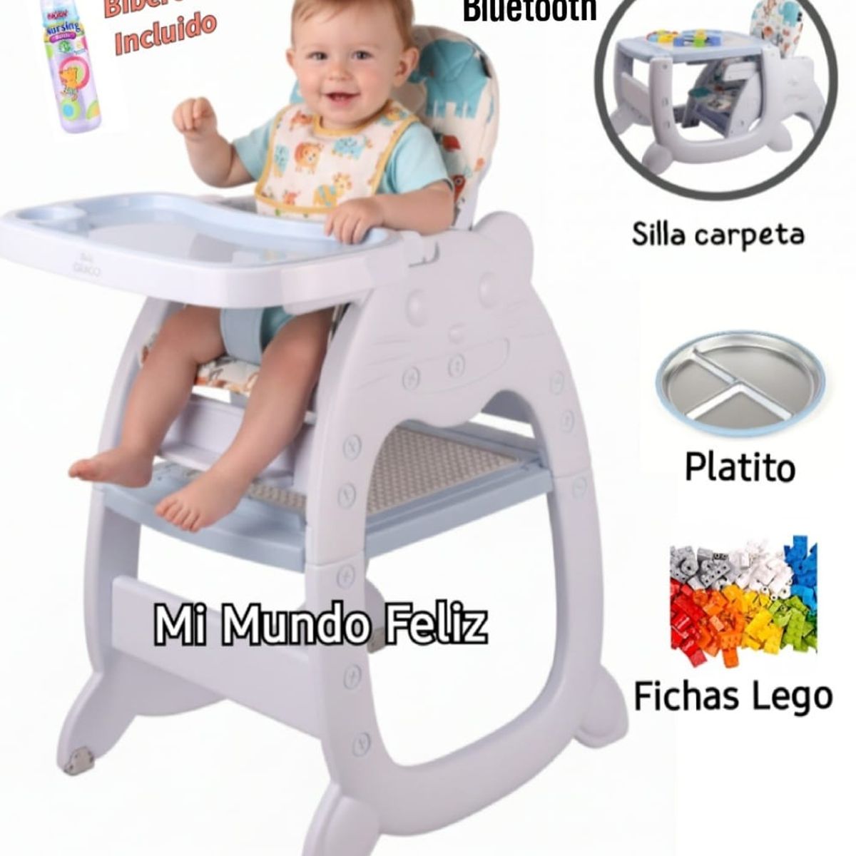 BABY - Silla de Comer para Bebe 3 en 1 Carpeta Zoo Azul + Biberon