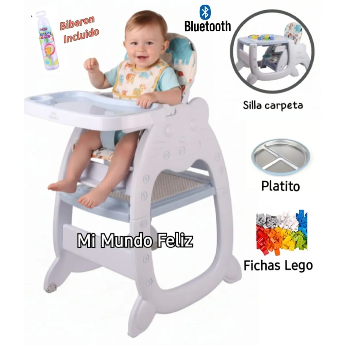 BABY - Silla de Comer para Bebe 3 en 1 Carpeta Zoo Azul + Biberon