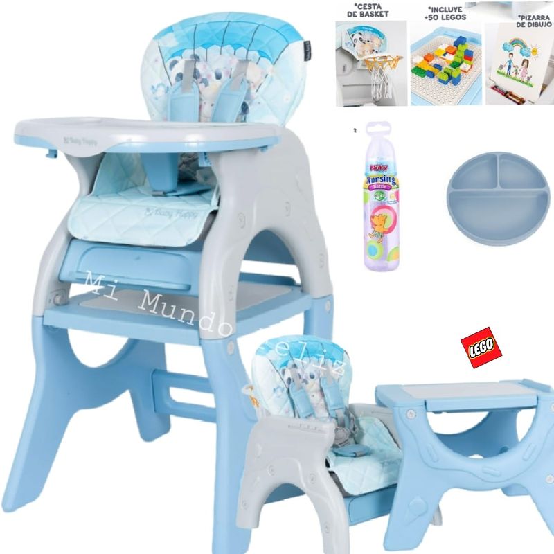 BABY - Silla de Comer para Bebe 3 en 1 Carpeta Zoo Azul + Biberon