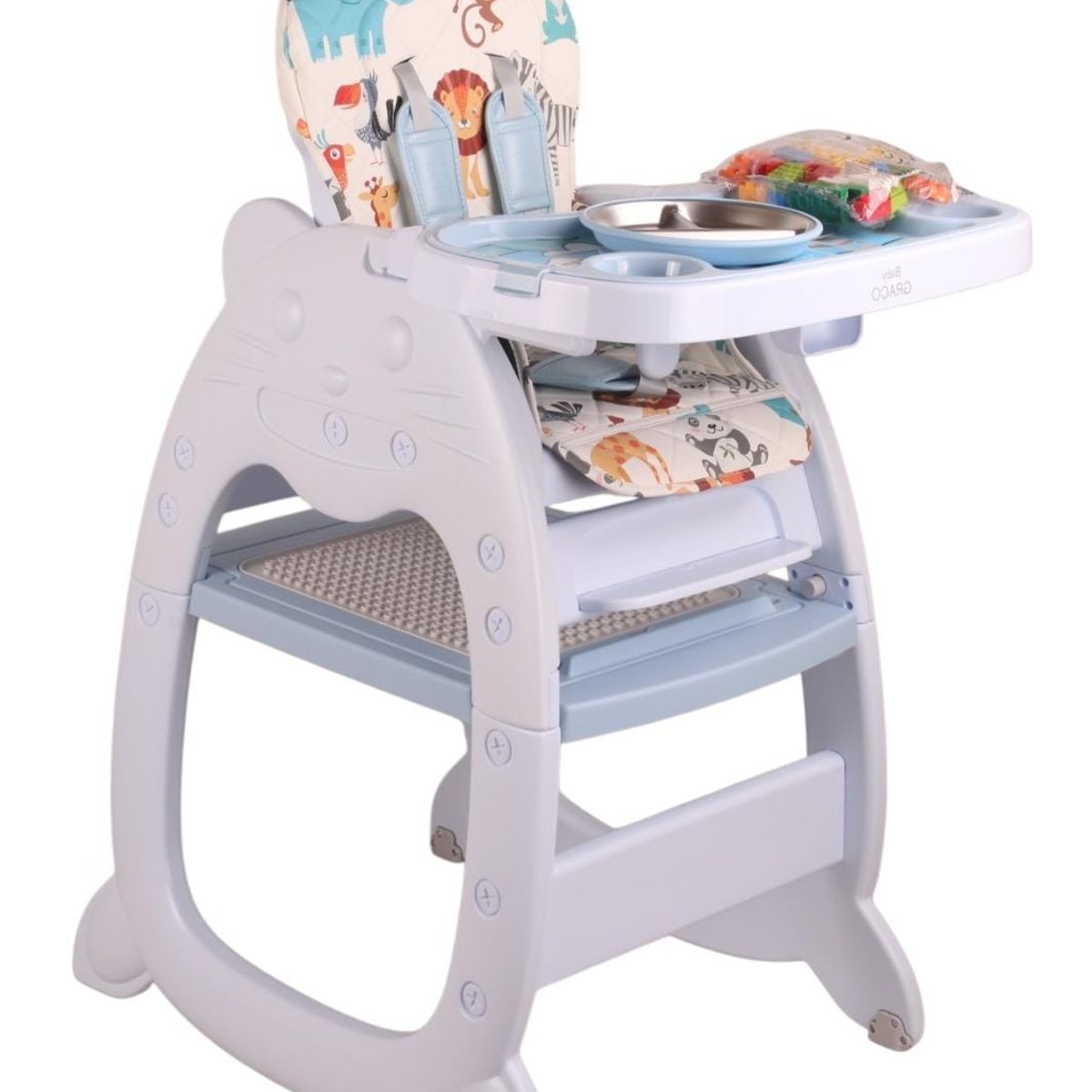 BABY - Silla de Comer para Bebe 3 en 1 Carpeta Zoo Azul + Biberon