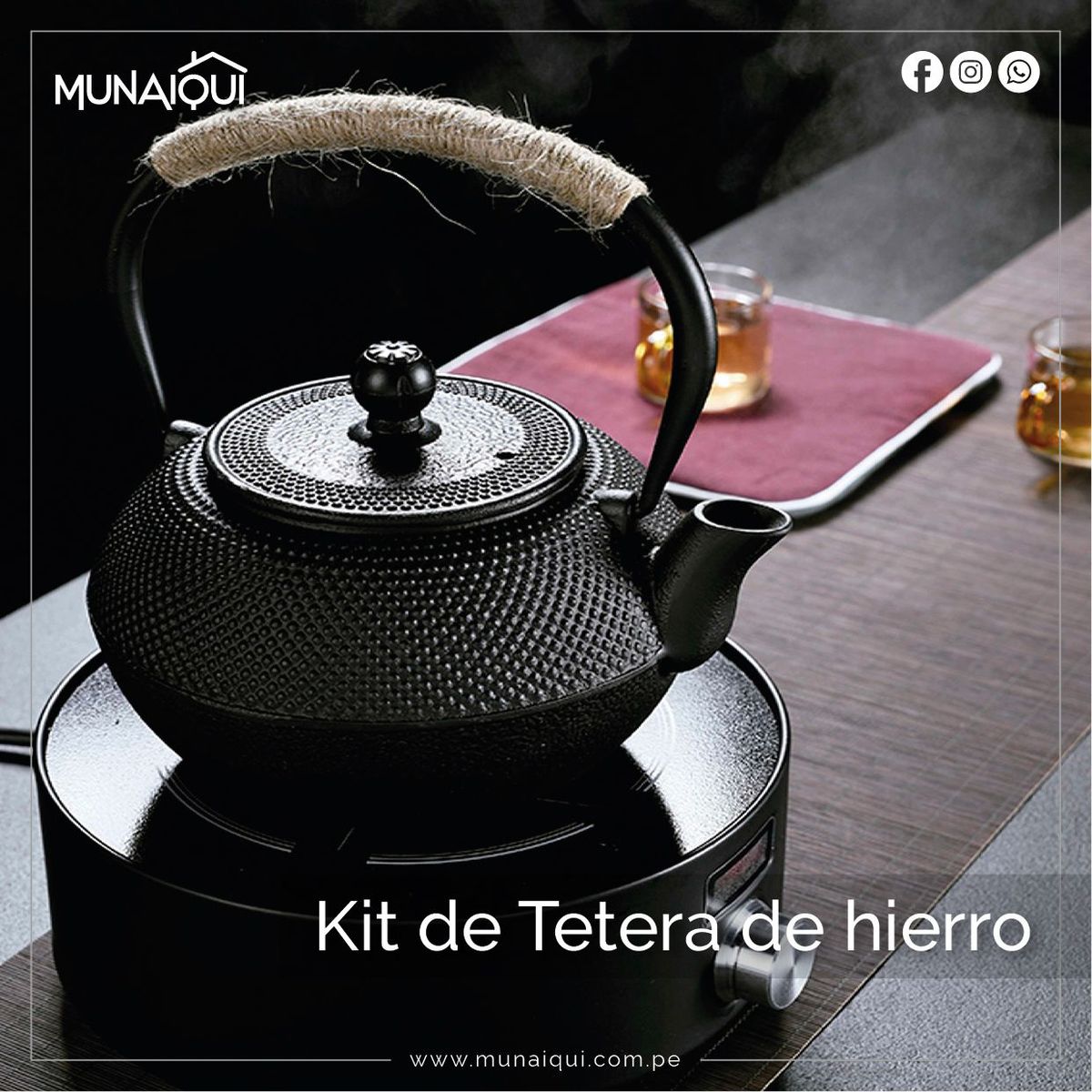 MUNAIQUI - Kit de Tetera de Hierro fundido 0.8 L + Juego de tazas